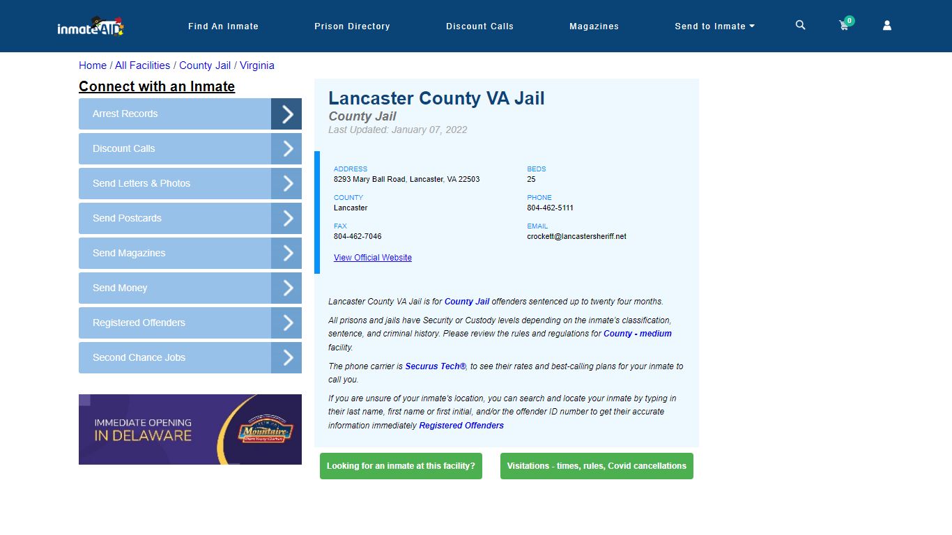 Lancaster County VA Jail - Inmate Locator - Lancaster, VA