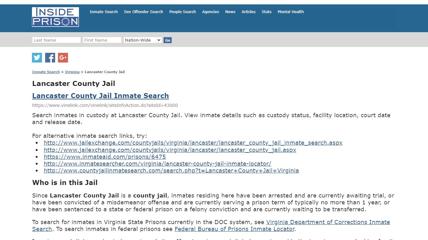 Lancaster County Jail - Virginia - Inmate Search - Inside Prison