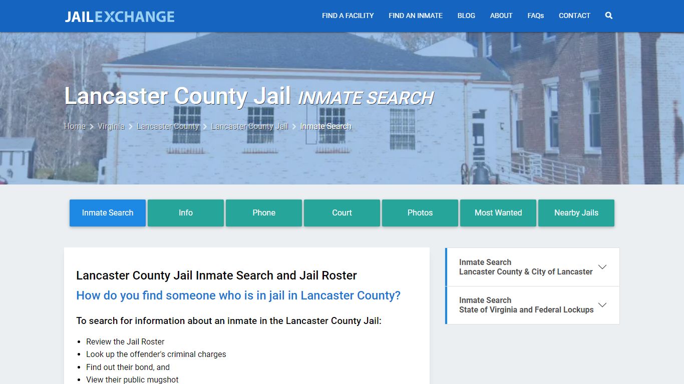 Inmate Search: Roster & Mugshots - Lancaster County Jail, VA