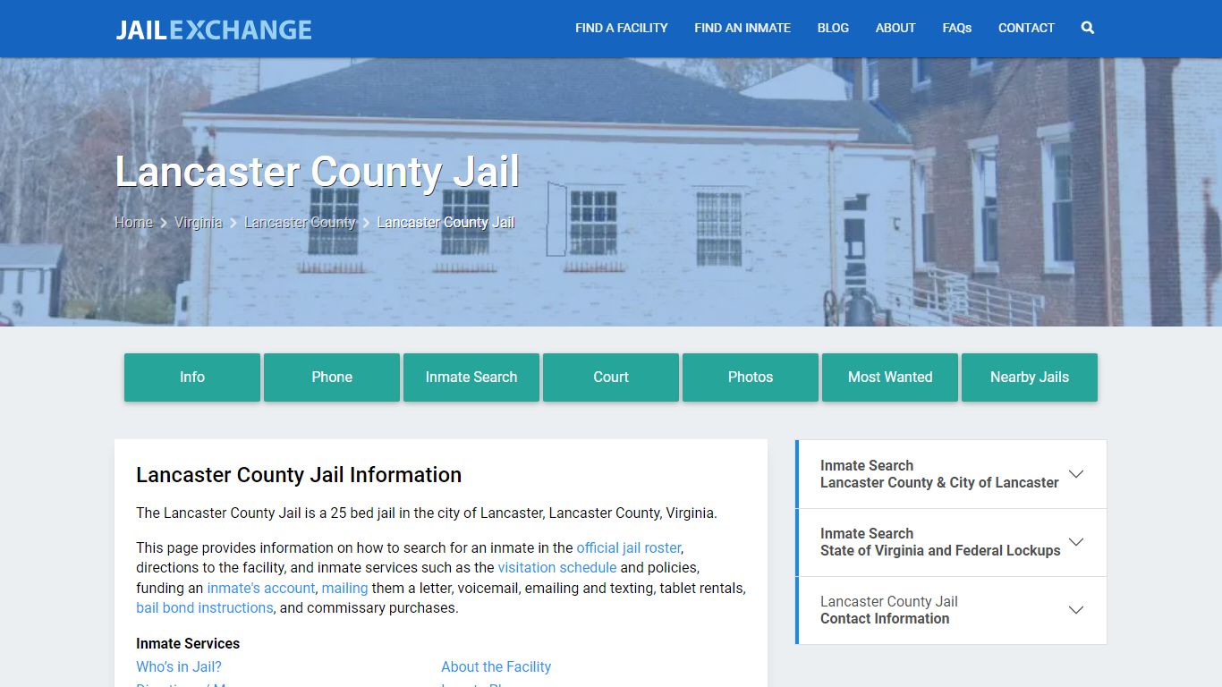 Lancaster County Jail, VA Inmate Search, Information