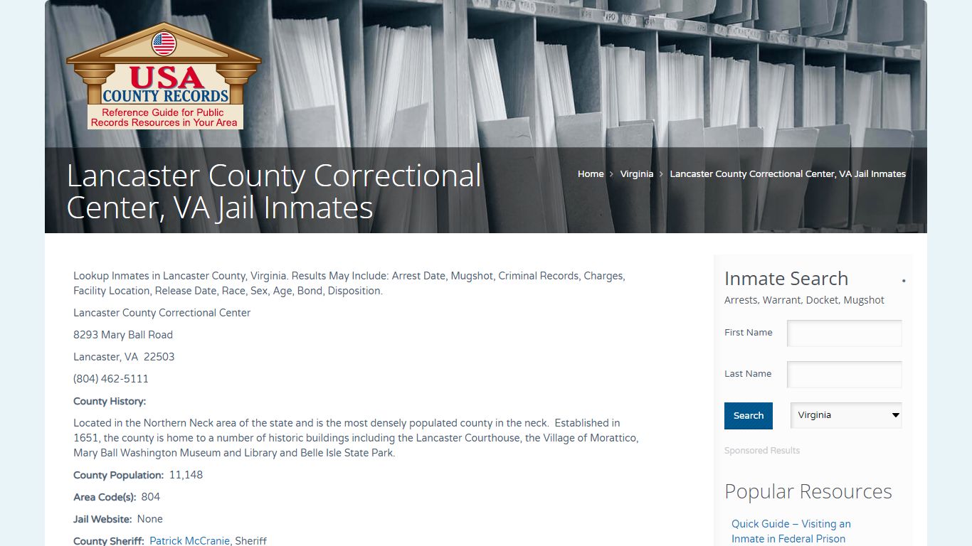 Lancaster County Correctional Center, VA Jail Inmates