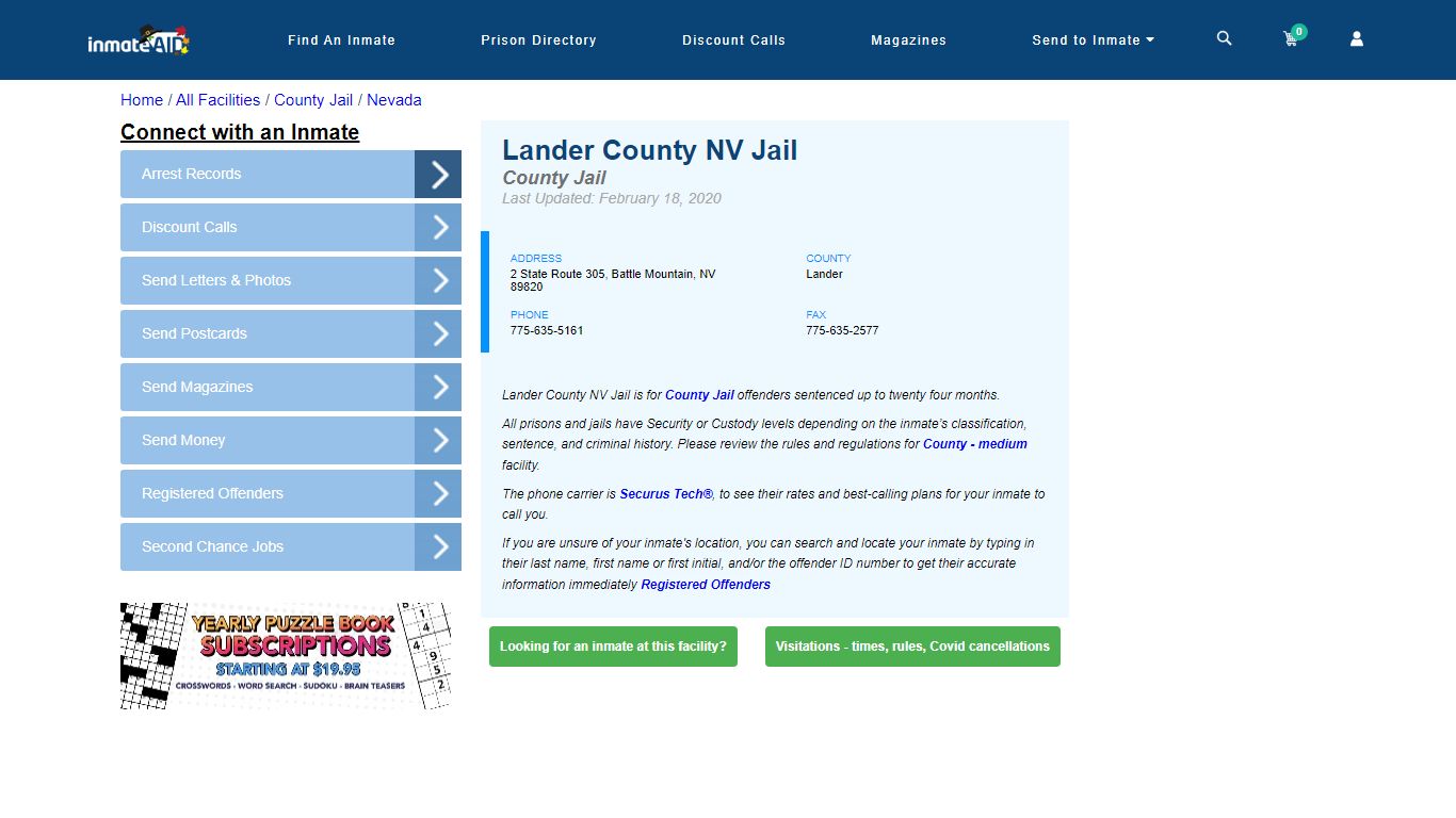 Lander County NV Jail - Inmate Locator - Battle Mountain, NV