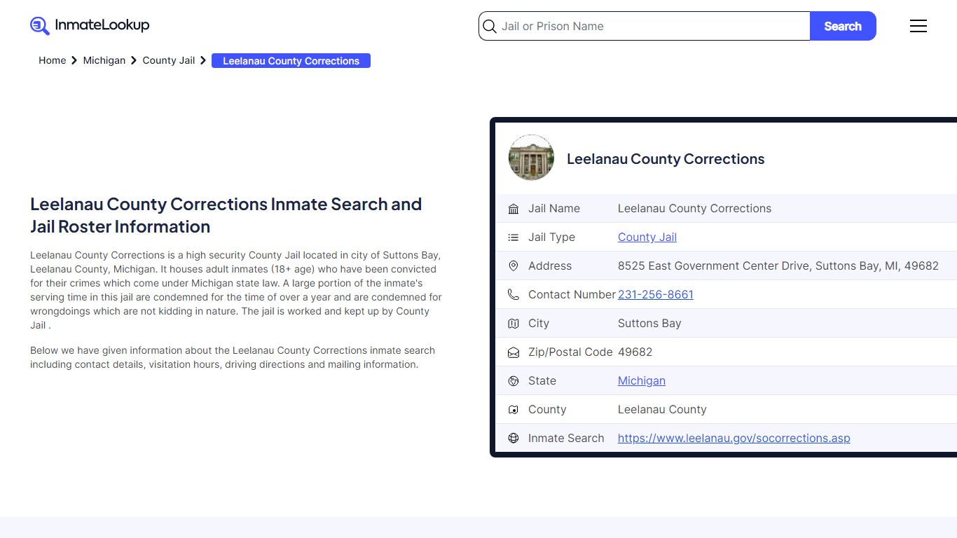 Leelanau County Corrections (MI) Inmate Search Michigan - Inmate Lookup