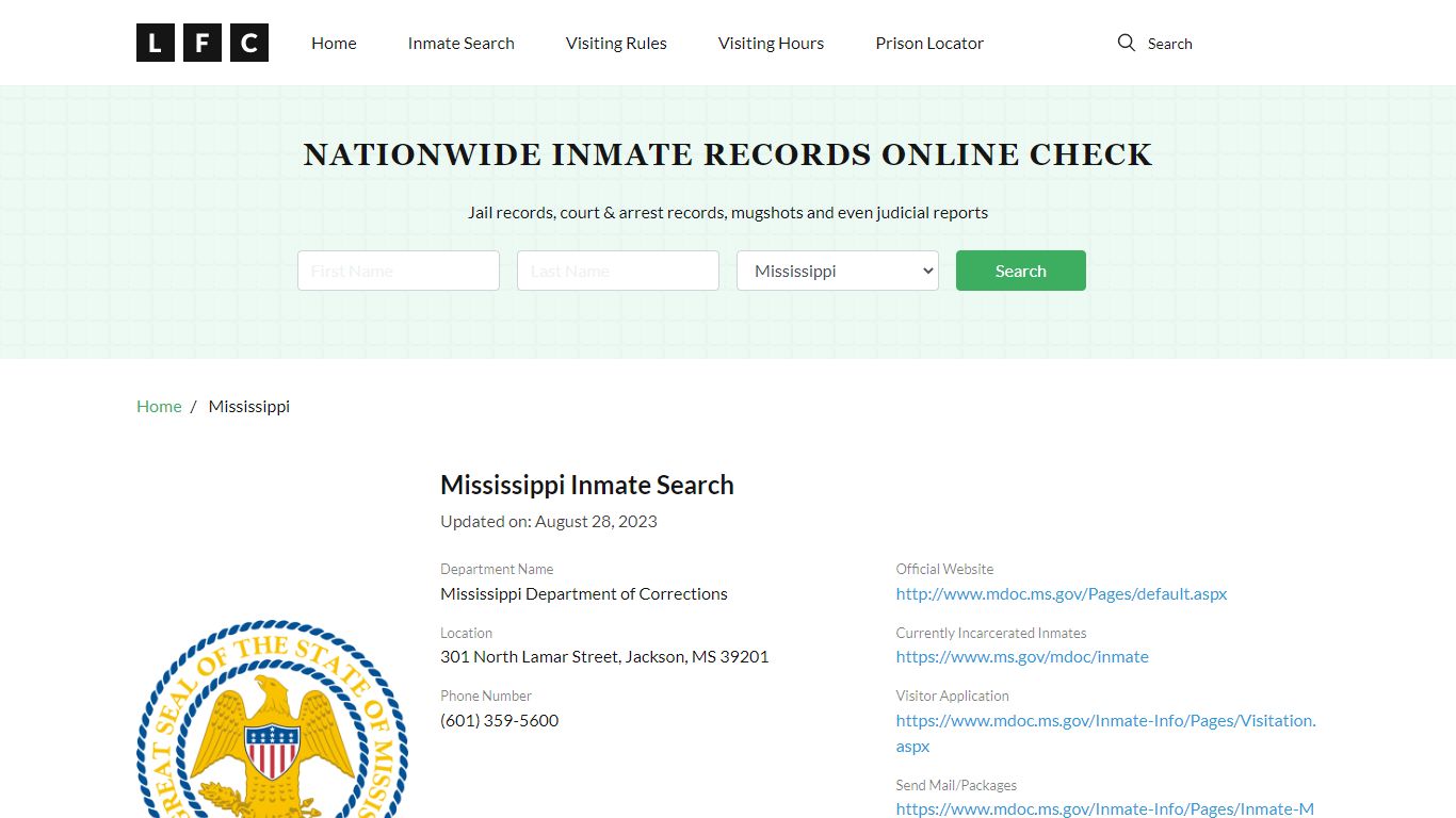 Mississippi Inmate Search – Mississippi Department of Corrections ...