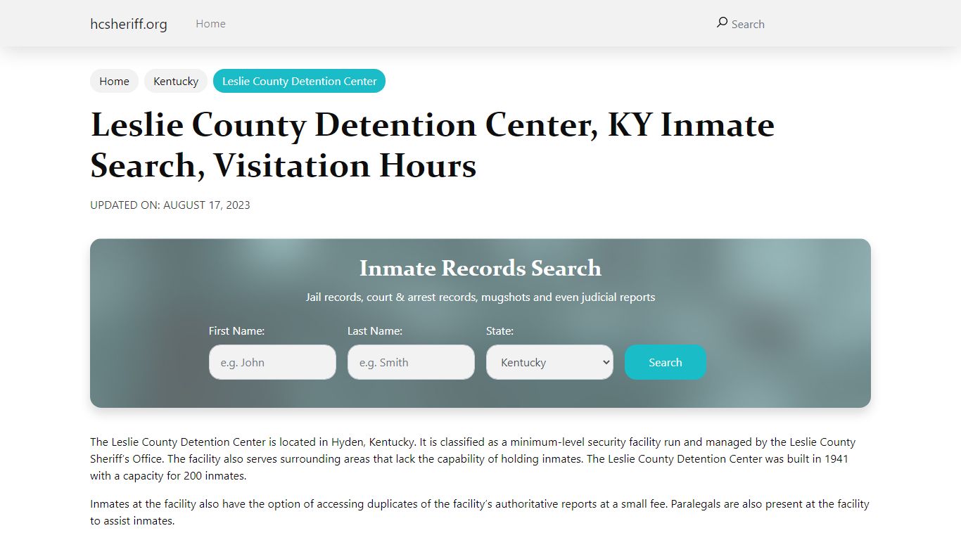 Leslie County Detention Center, KY Inmate Search, Visitation Hours