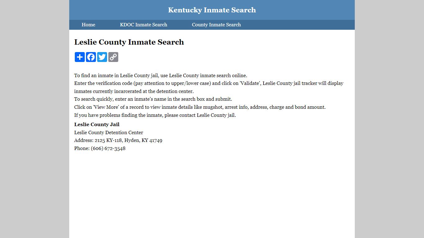 Leslie County Inmate Search