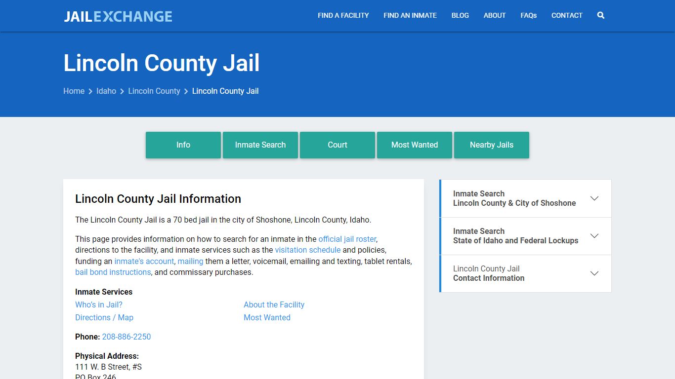 Lincoln County Jail, ID Inmate Search, Information