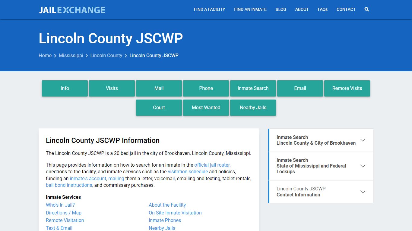 Lincoln County JSCWP, MS Inmate Search, Information - Jail Exchange