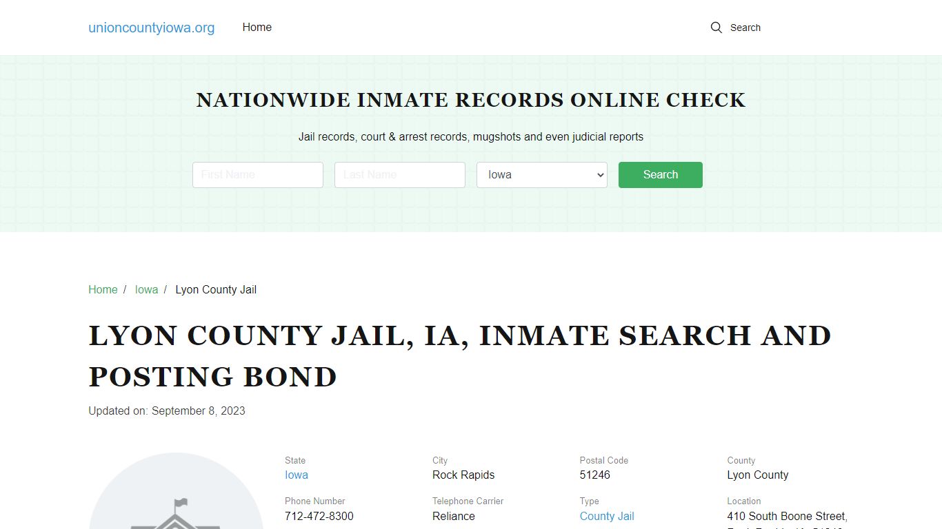 Lyon County Jail, IA, Inmate Search, Visitations - Union County, Iowa