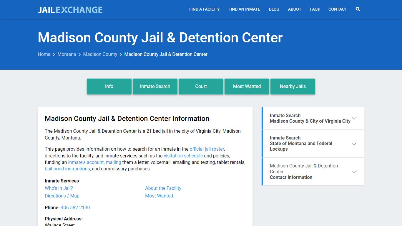 Madison County Jail & Detention Center, MT Inmate Search, Information