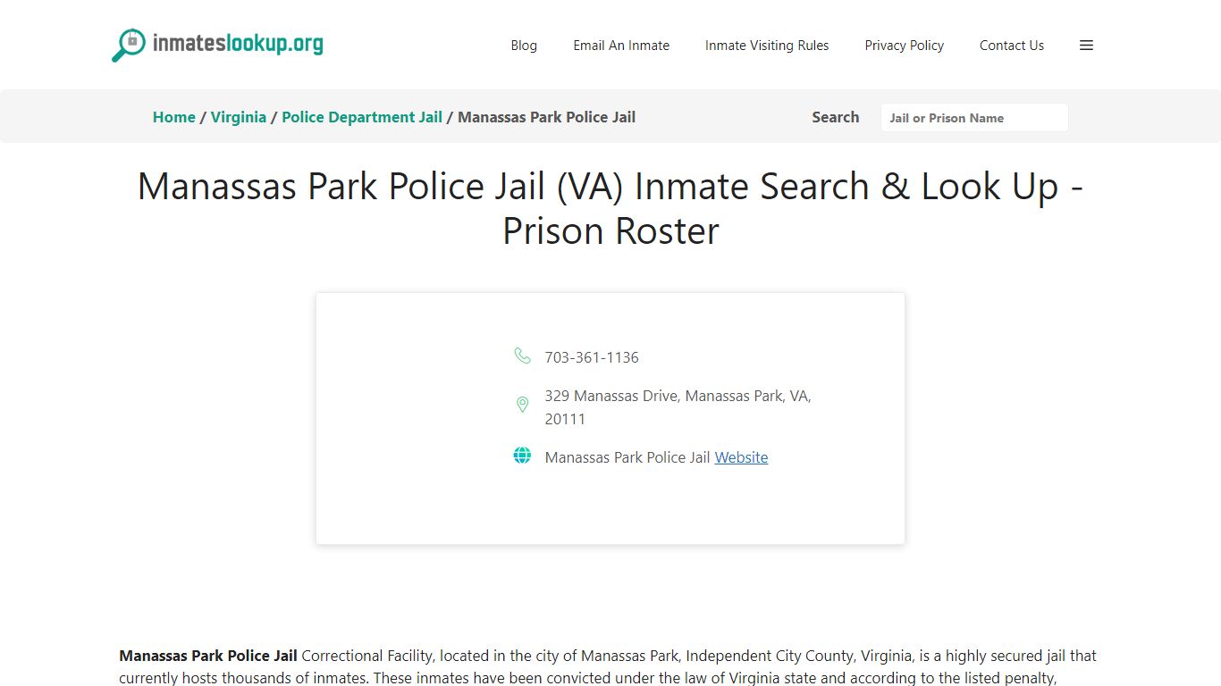 Manassas Park Police Jail (VA) Inmate Search & Look Up - Inmate Lookup