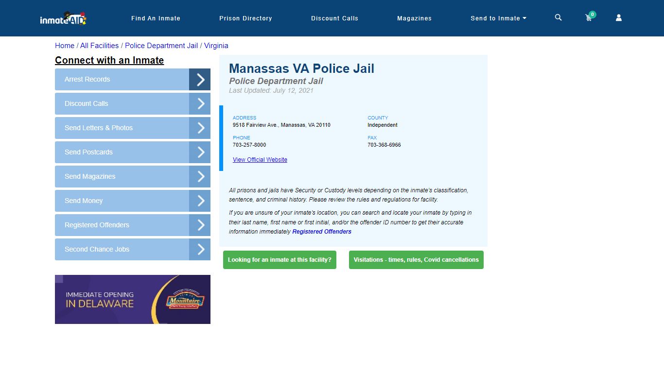 Manassas VA Police Jail & Inmate Search - Manassas, VA