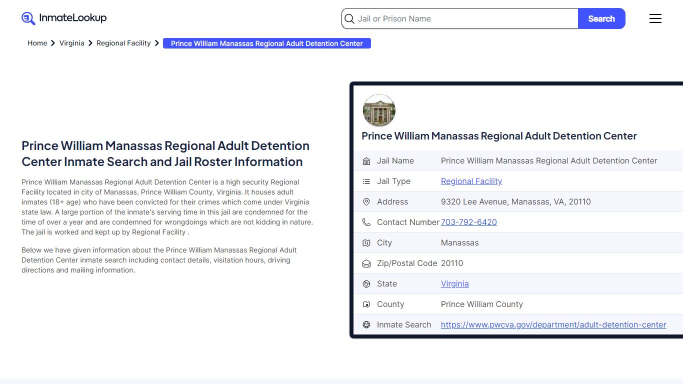Prince William Manassas Regional Adult Detention Center (VA) Inmate ...