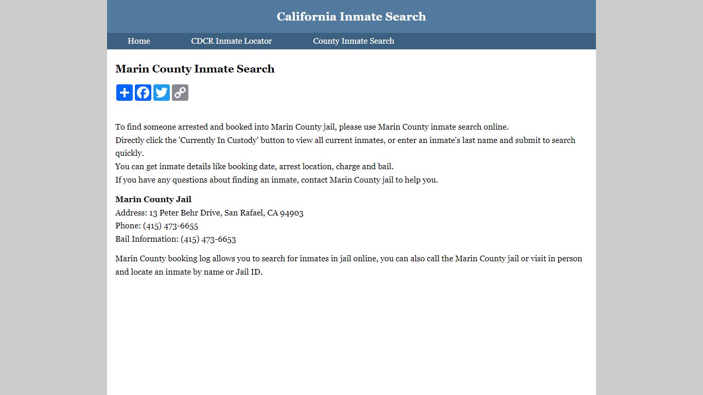 Marin County Inmate Search - California Inmate Search
