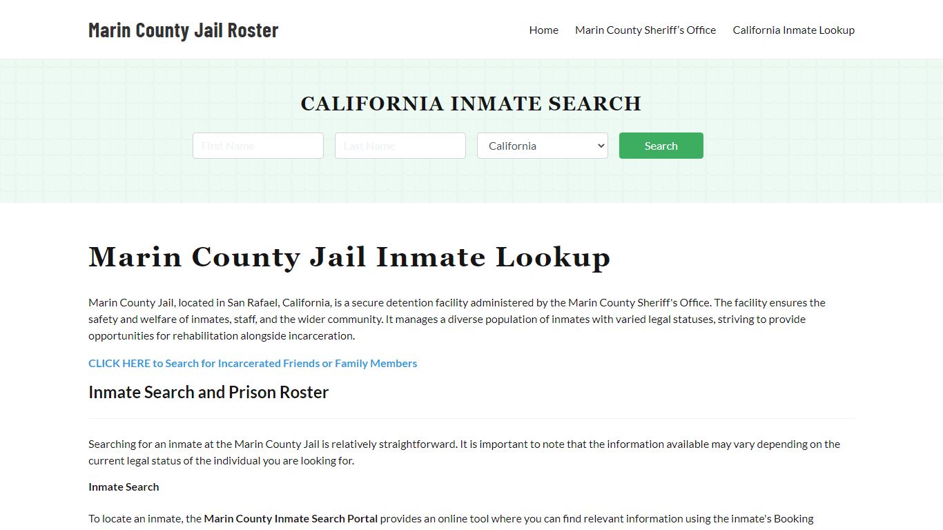 Marin County Jail Roster Lookup, CA, Inmate Search