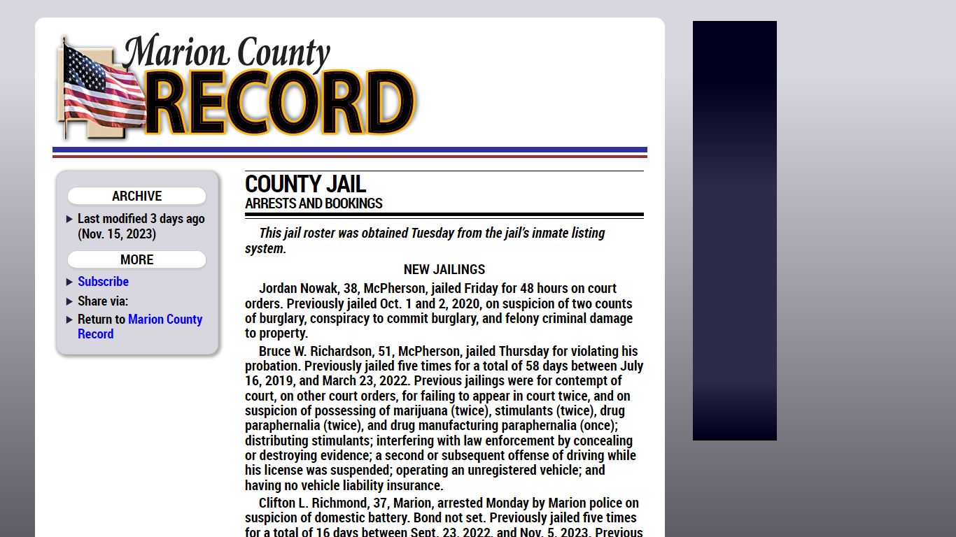 County jail arrests and bookings | Marion County Record | Nov. 15, 2023 ()