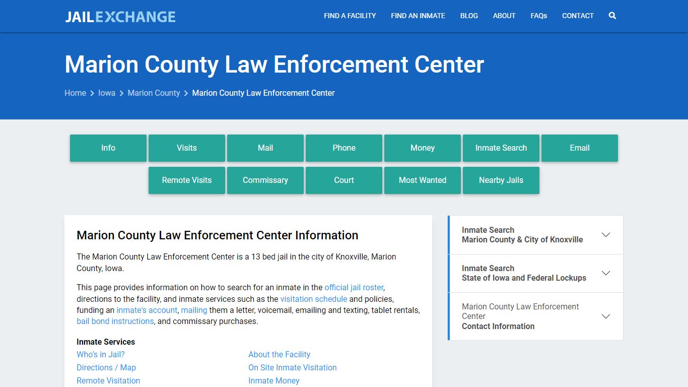 Marion County Law Enforcement Center, IA Inmate Search, Information