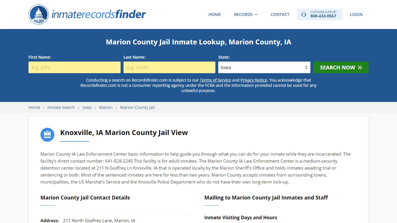 Marion County Jail Inmate Lookup, Marion County, IA - Recordsfinder.com