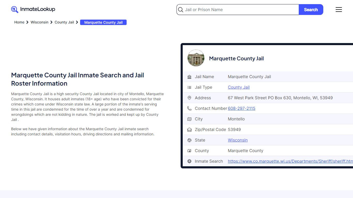 Marquette County Jail Inmate Search - Montello Wisconsin - Inmate Lookup