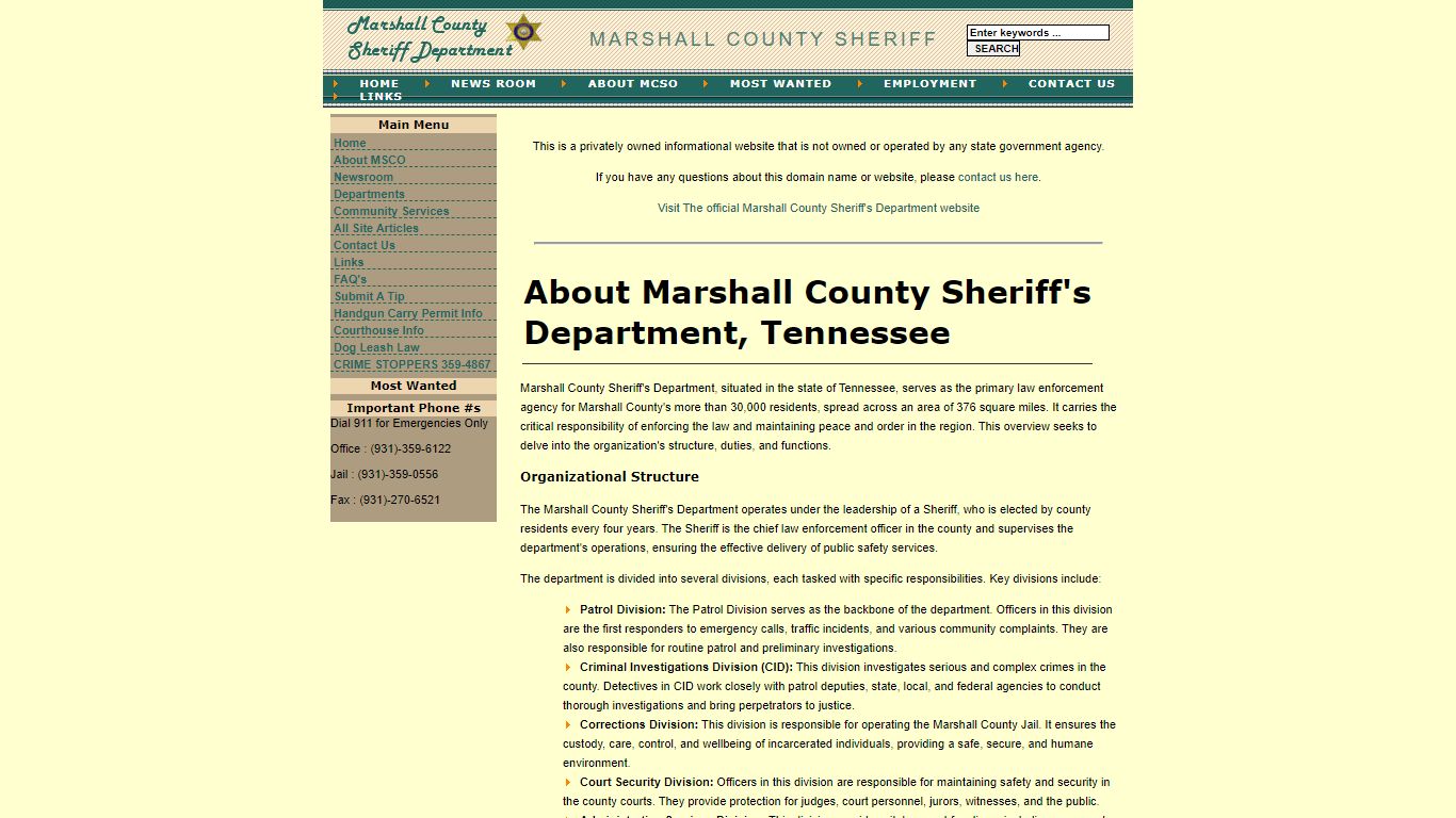 About Marshall County Sheriff's Department and Jail, Tennessee