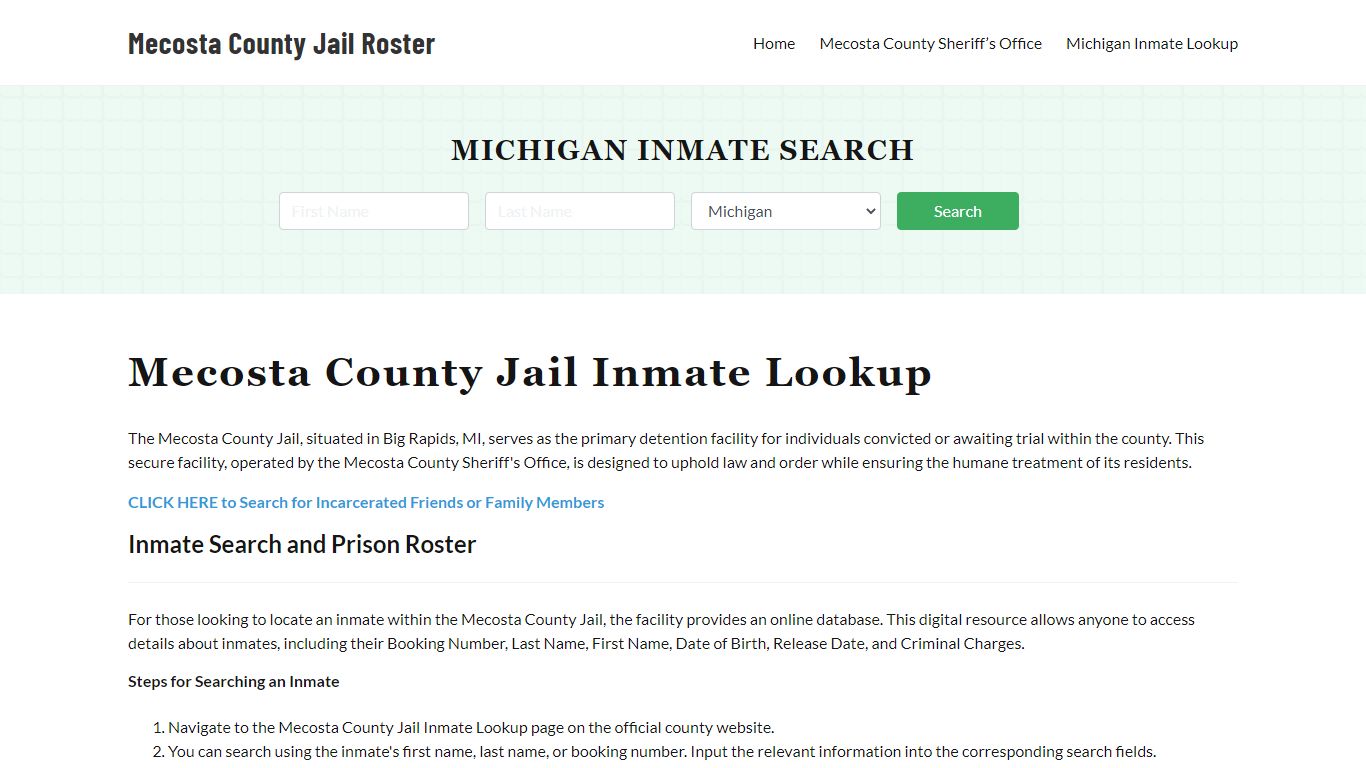 Mecosta County Jail Roster Lookup, MI, Inmate Search