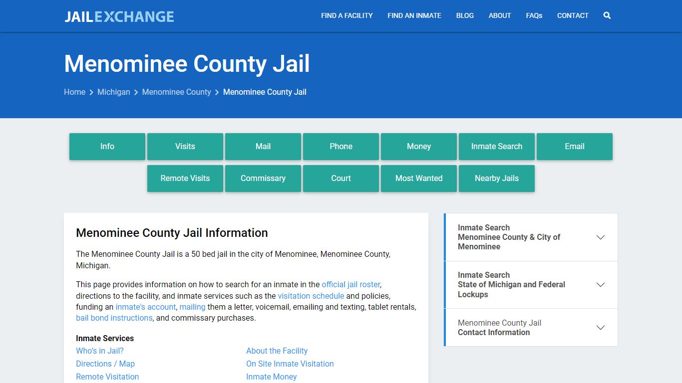 Menominee County Jail, MI Inmate Search, Information