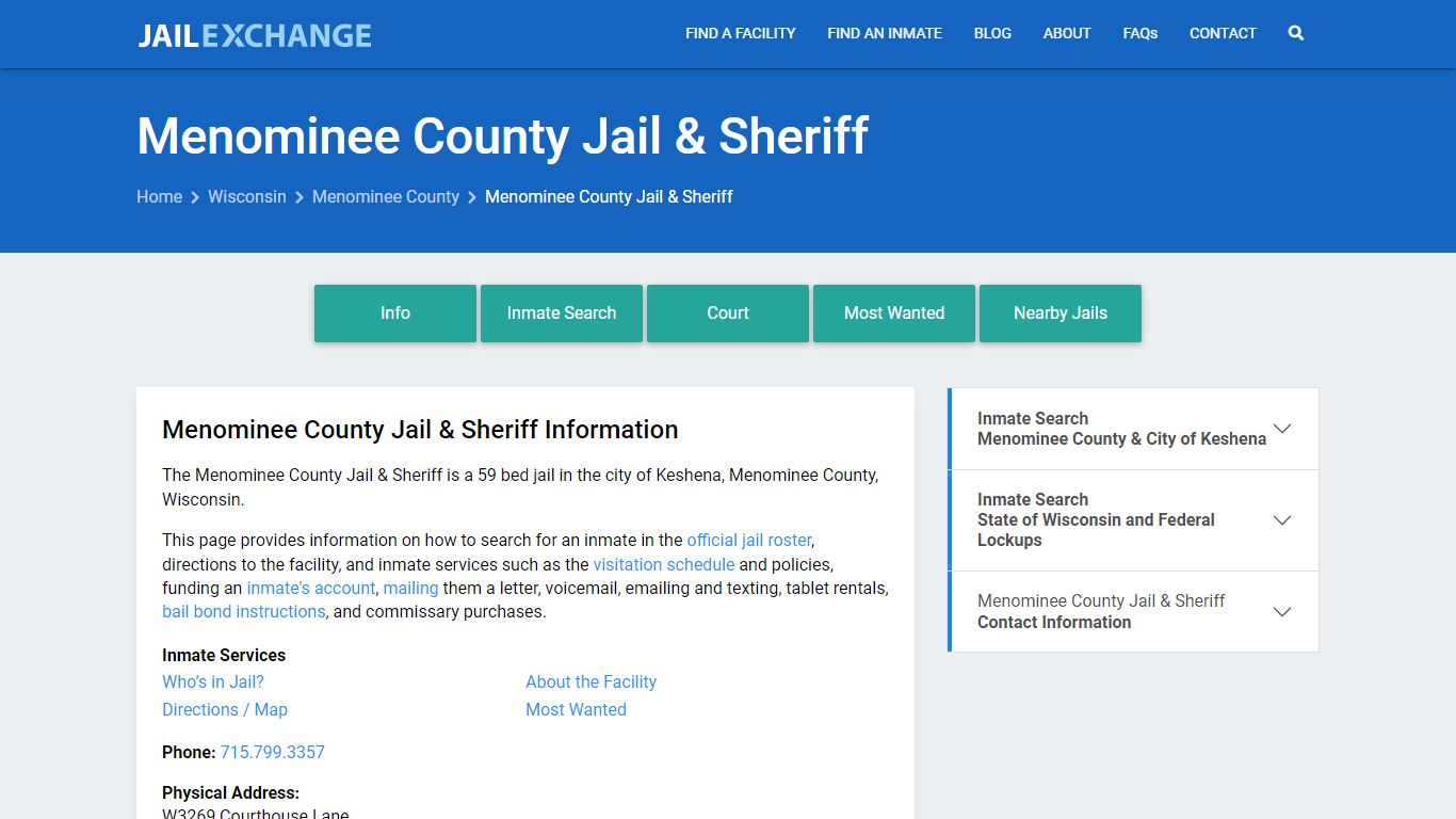 Menominee County Jail & Sheriff, WI Inmate Search, Information