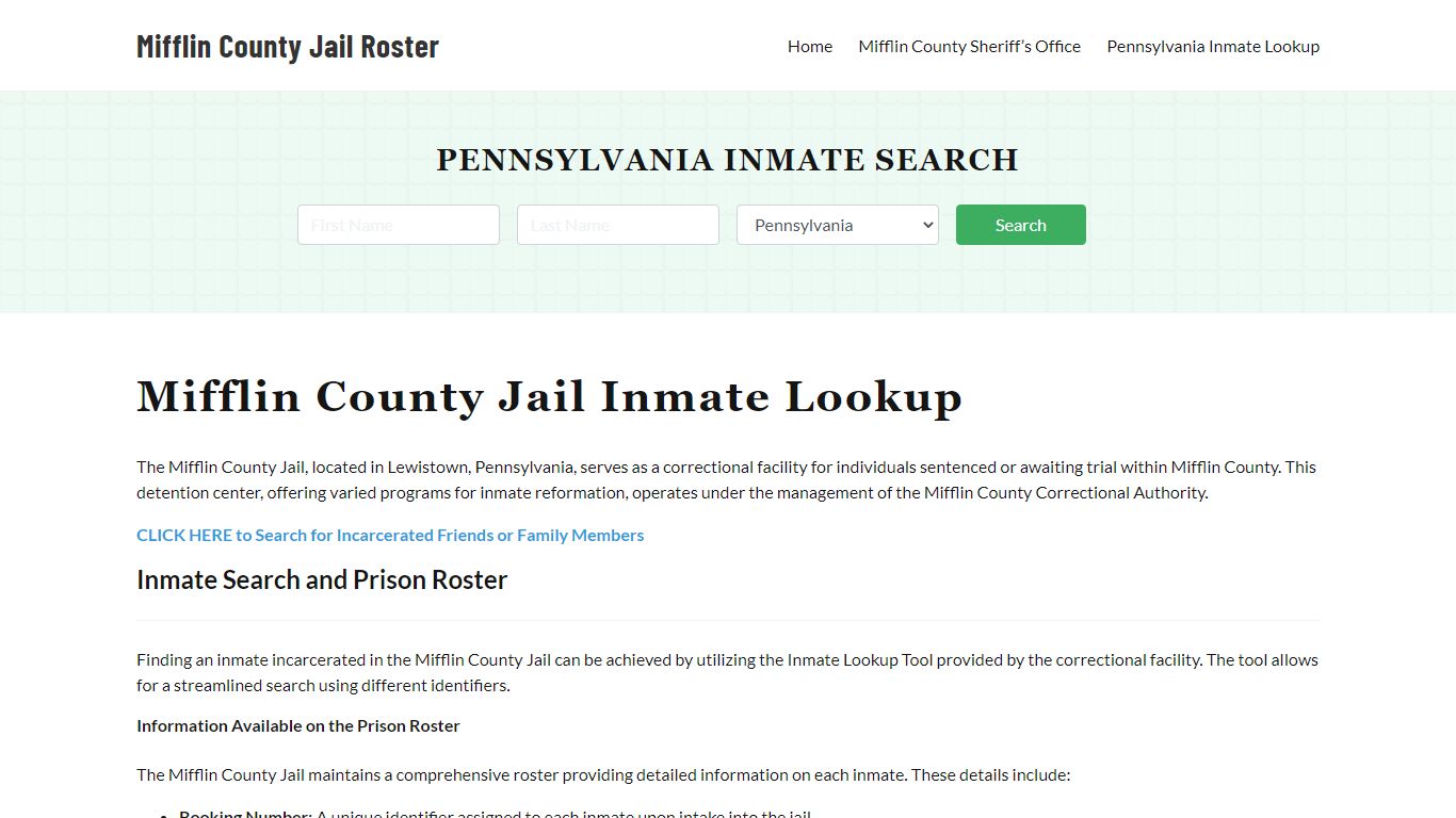Mifflin County Jail Roster Lookup, PA, Inmate Search