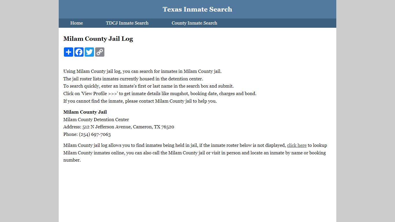 Milam County Jail Log - Texas Inmate Search