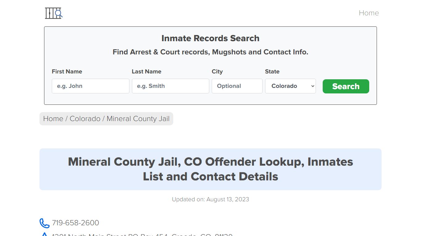 Mineral County Jail, CO Offender Locator, Inmate Roster