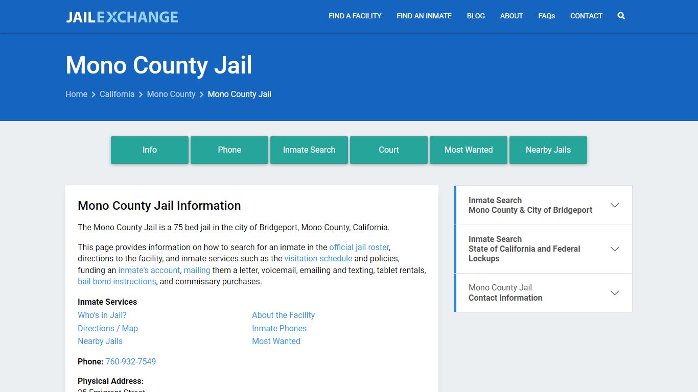 Mono County Jail, CA Inmate Search, Information
