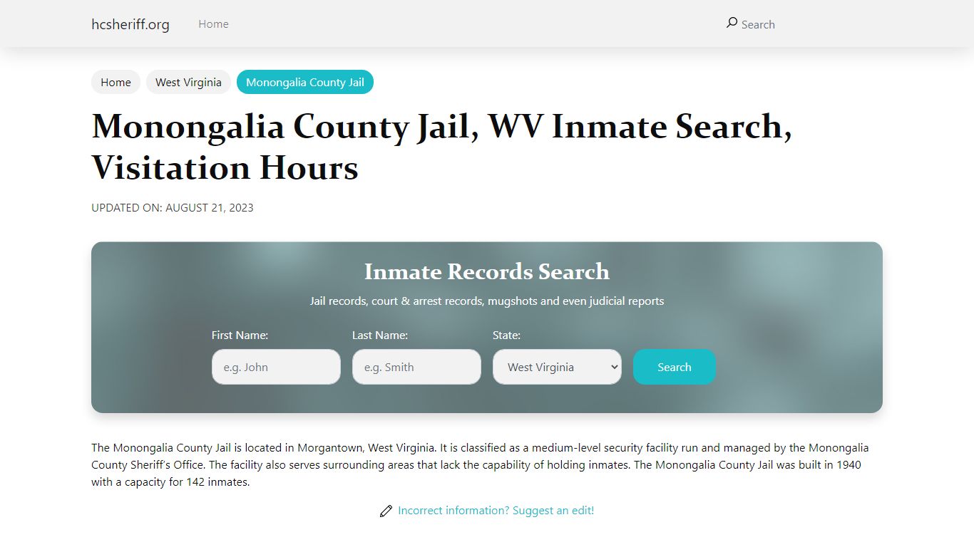 Monongalia County Jail, WV Inmate Search, Visitation Hours