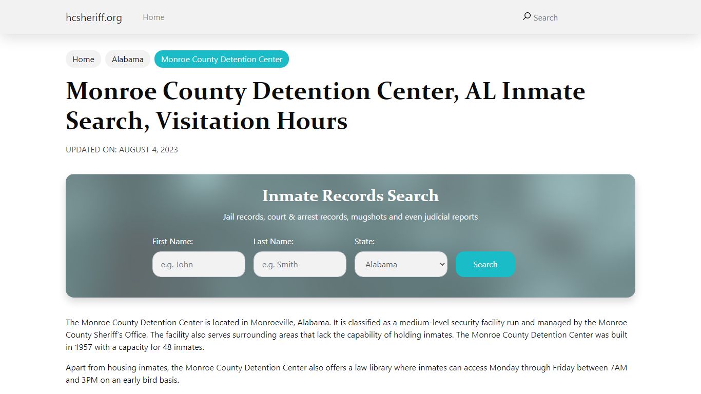 Monroe County Detention Center, AL Inmate Search, Visitation Hours