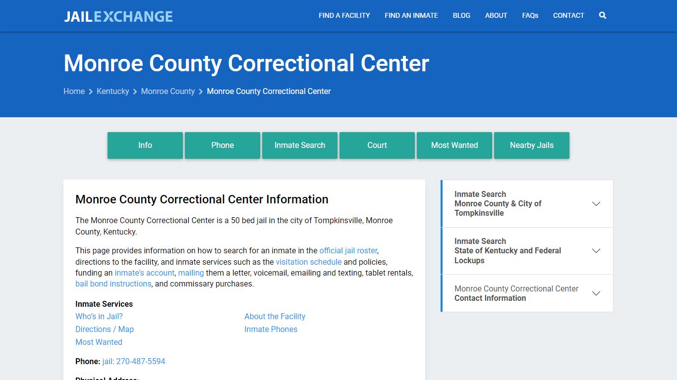 Monroe County Correctional Center, KY Inmate Search, Information