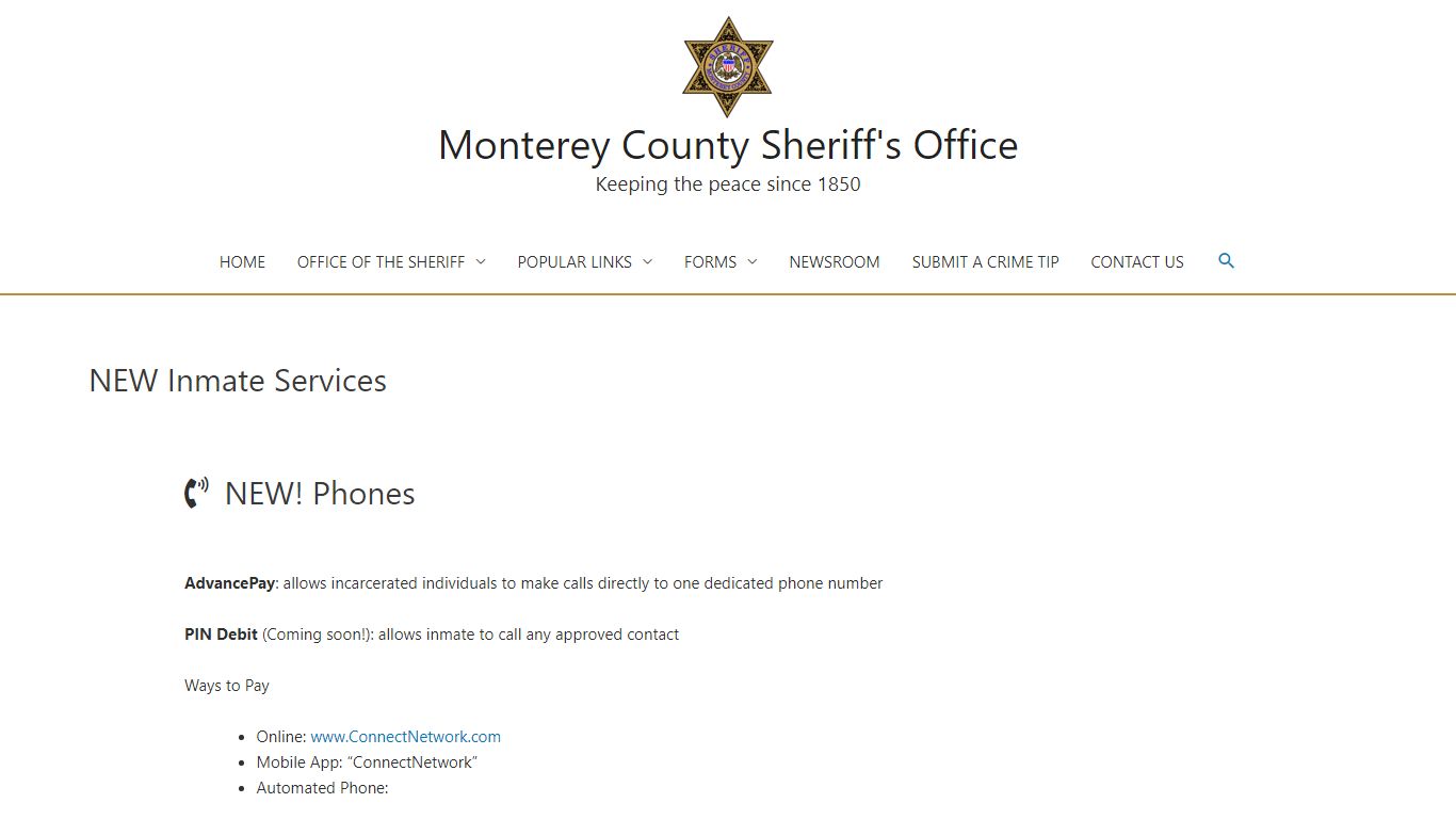 NEW Inmate Services – Monterey County Sheriff's Office