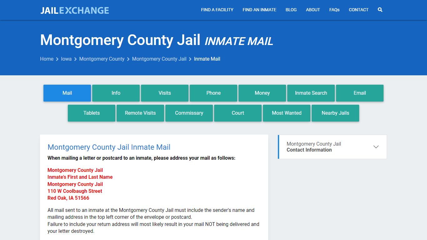 Inmate Mail - Montgomery County Jail, IA - Jail Exchange