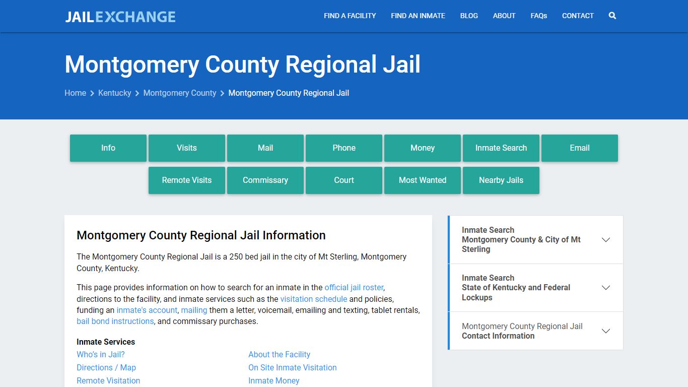 Montgomery County Regional Jail, KY Inmate Search, Information