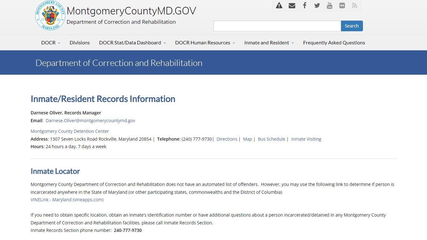 Inmate/Resident Records Information - MONTGOMERY COUNTY, MD