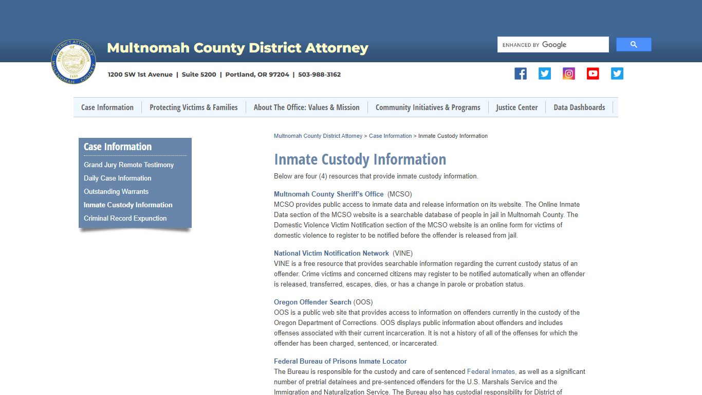Inmate Custody Information | Multnomah County District Attorney
