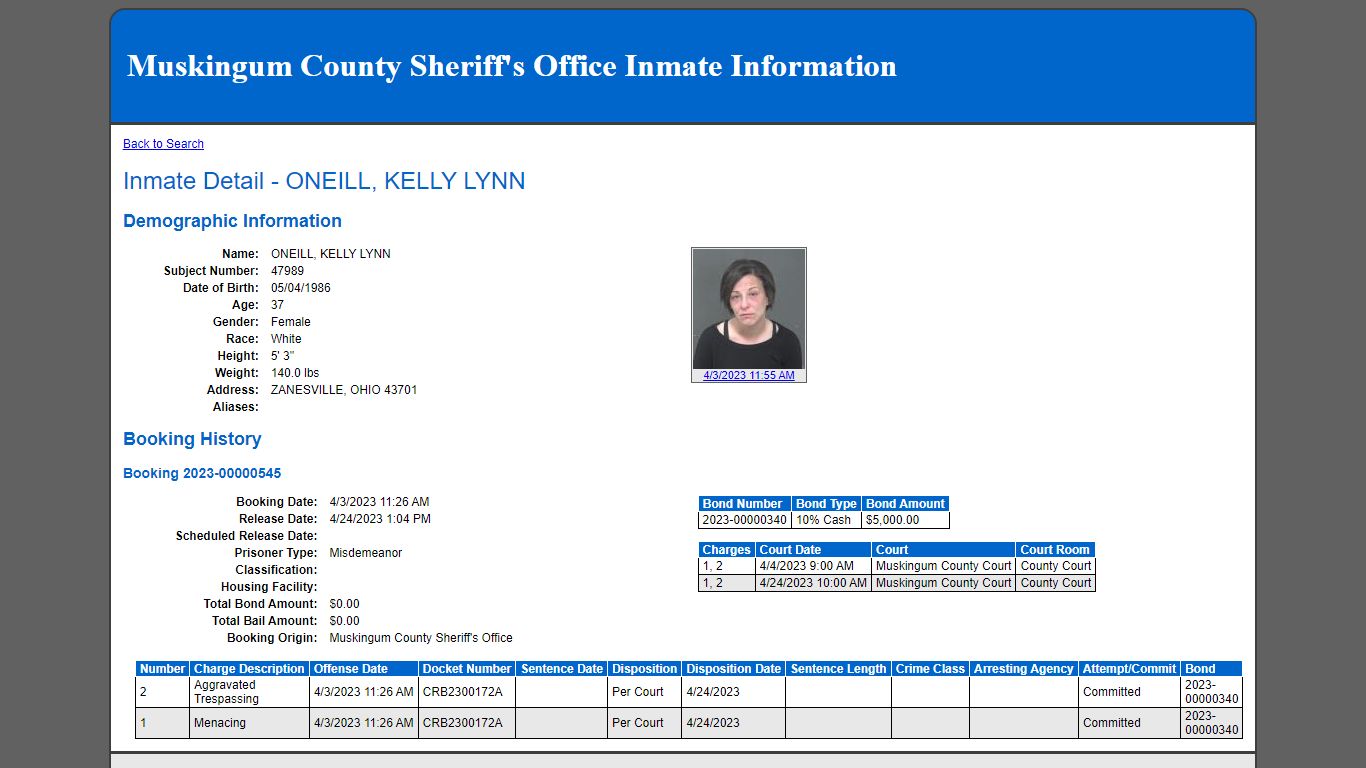 Inmate Detail - ONEILL, KELLY LYNN - Muskingum County