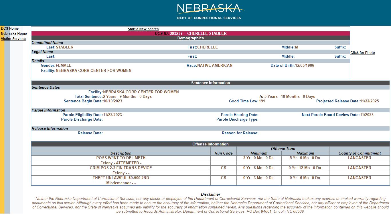 Nebraska Inmate Details
