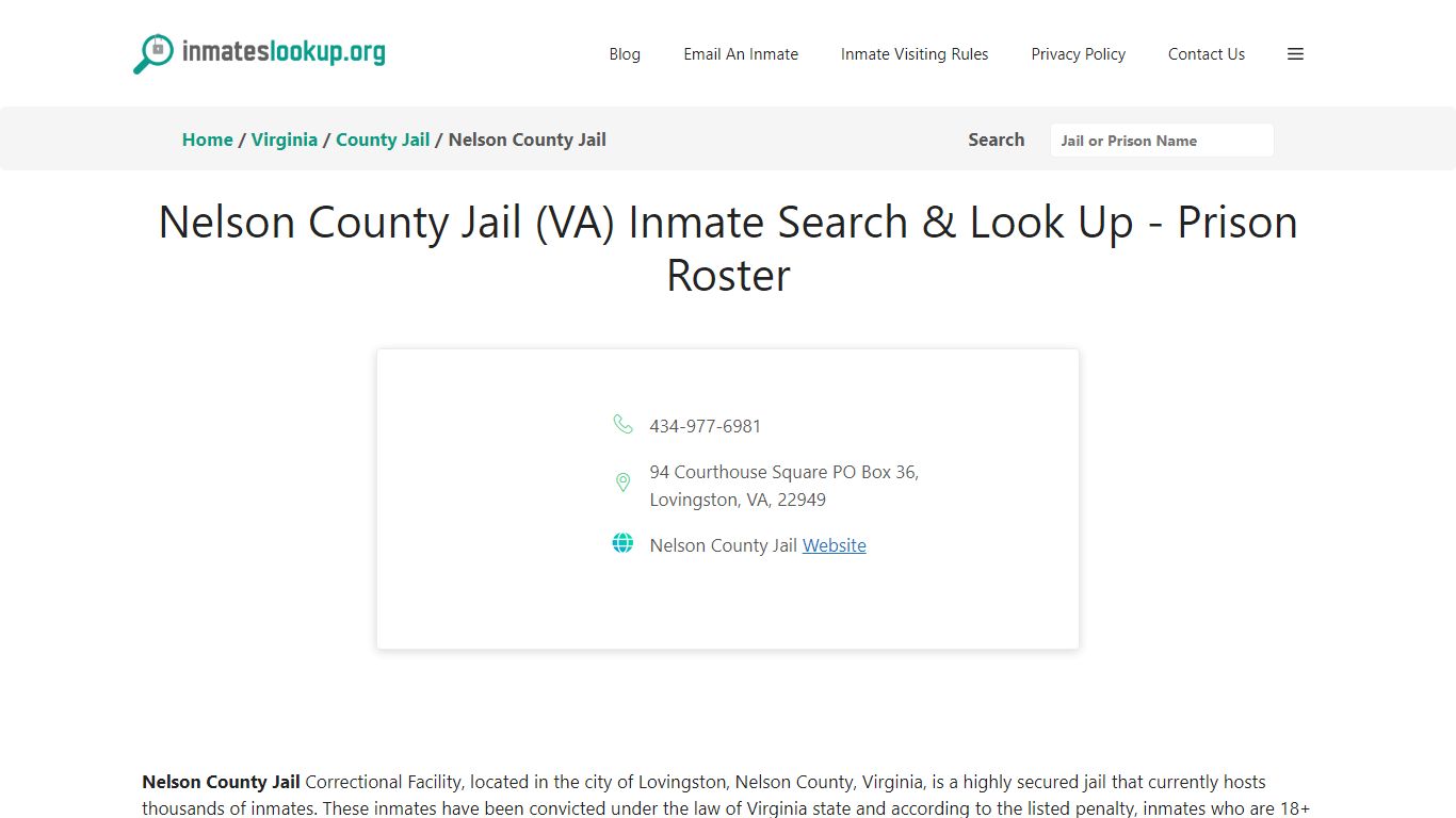 Nelson County Jail (VA) Inmate Search & Look Up - Prison Roster