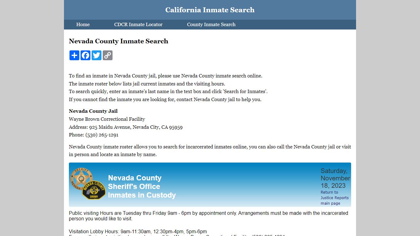 Nevada County Inmate Search - California Inmate Search