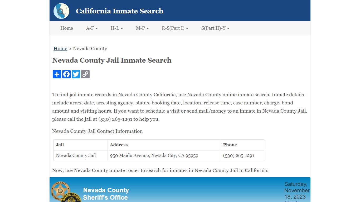 Nevada County Jail Inmate Search