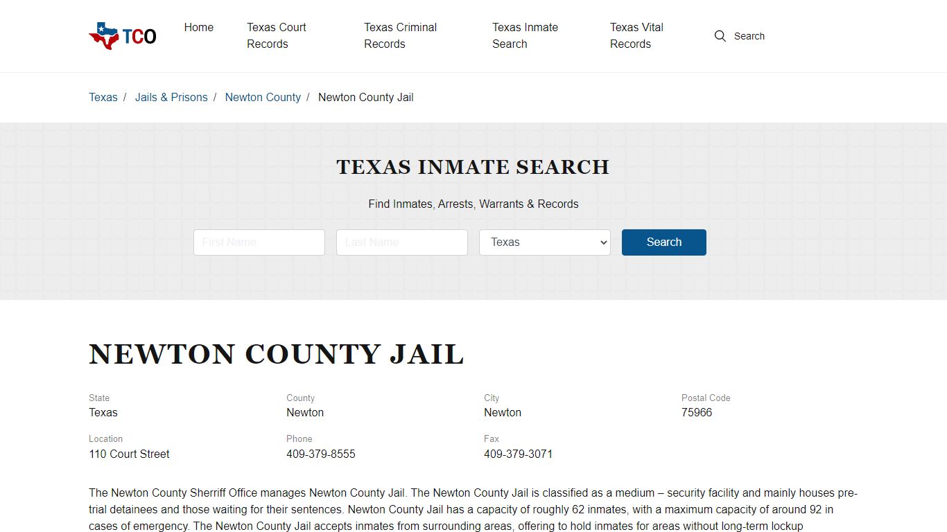 Newton County Jail in Newton, TX - Contact Information and Public Records