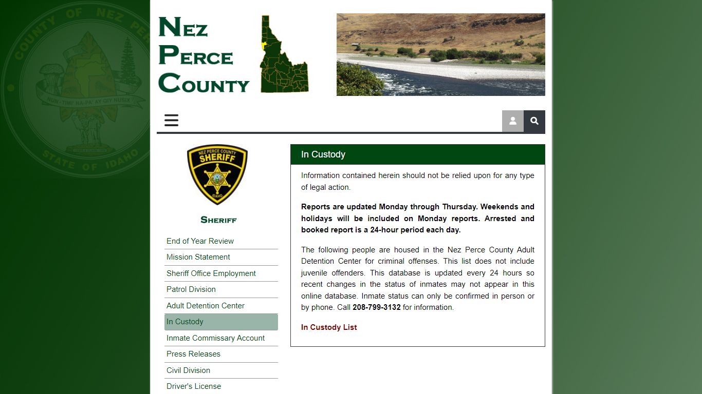 In Custody, Nez Perce County Sheriff