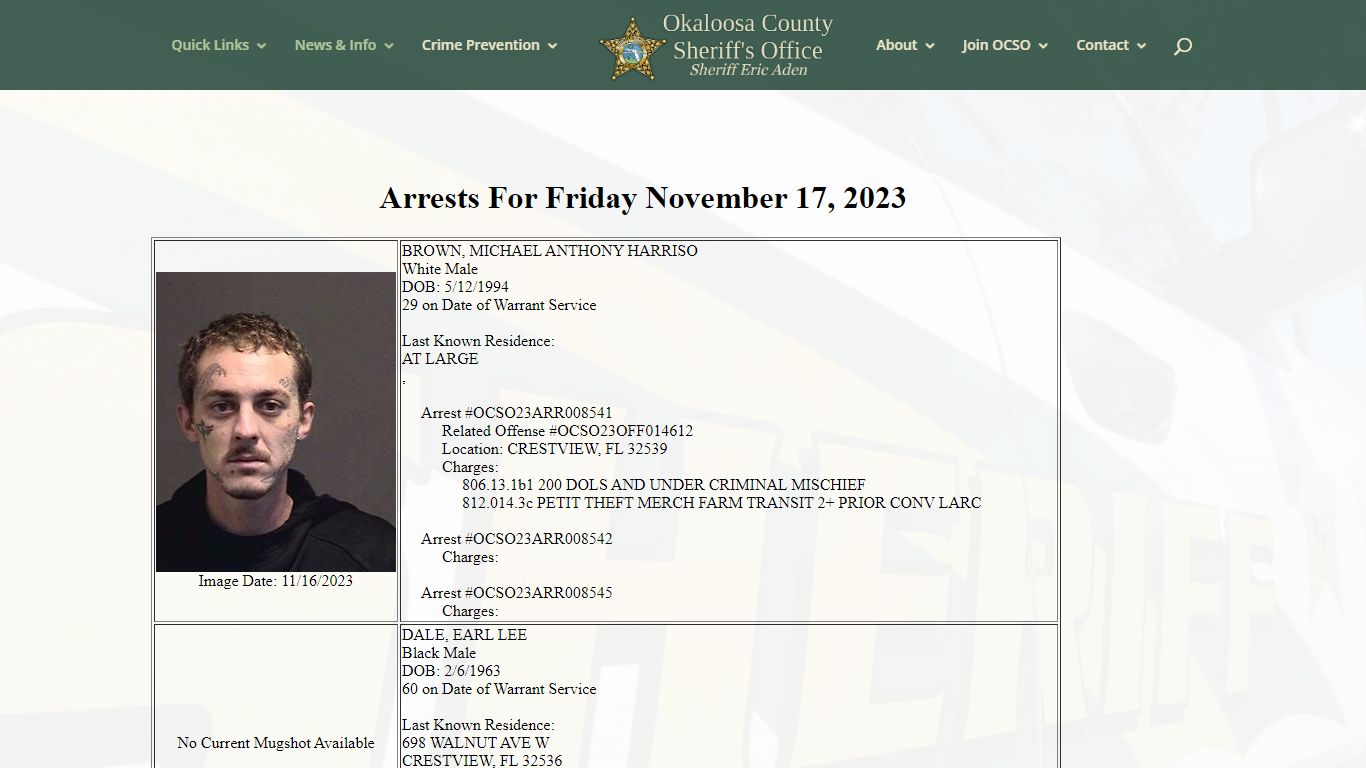 Arrest Information | Okaloosa County Sheriff's Office