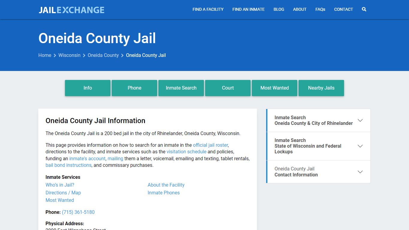 Oneida County Jail, WI Inmate Search, Information