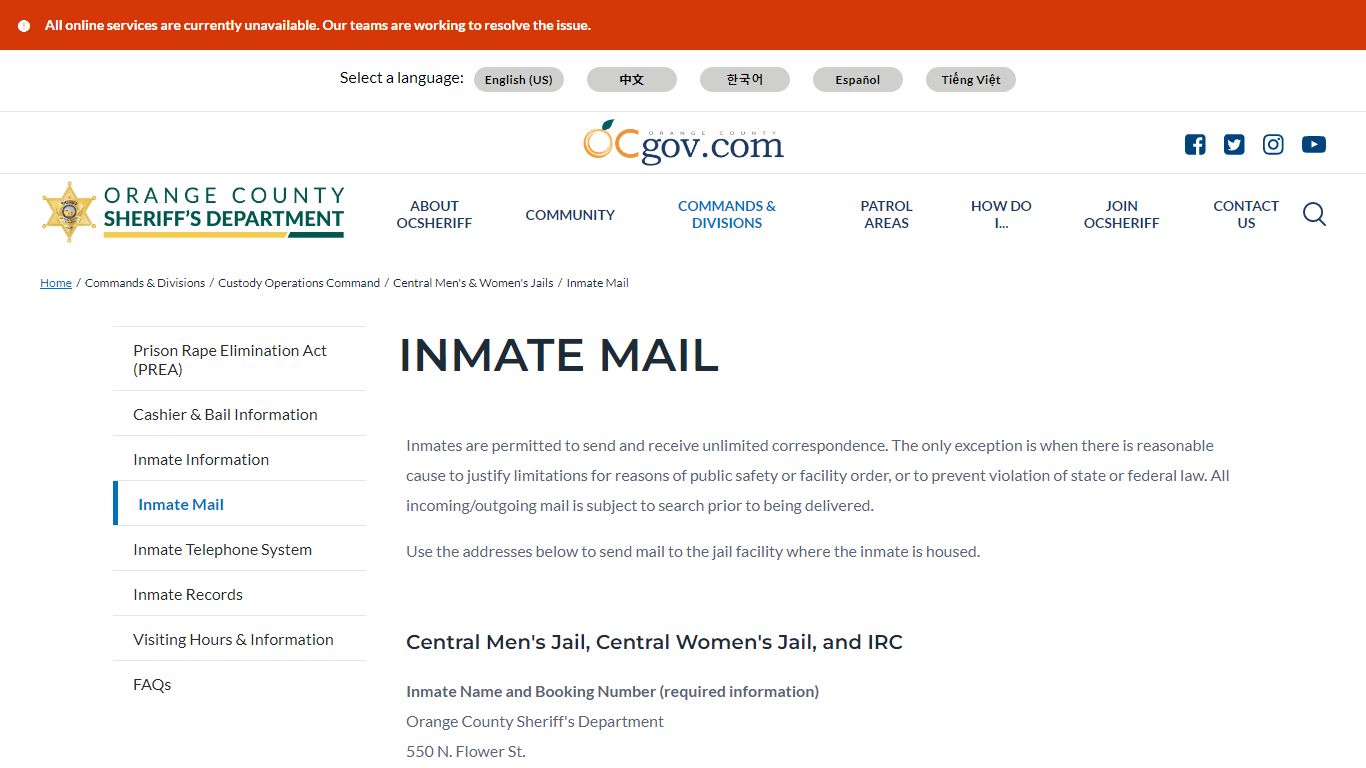 Inmate Mail | Orange County California - Sheriff's Department