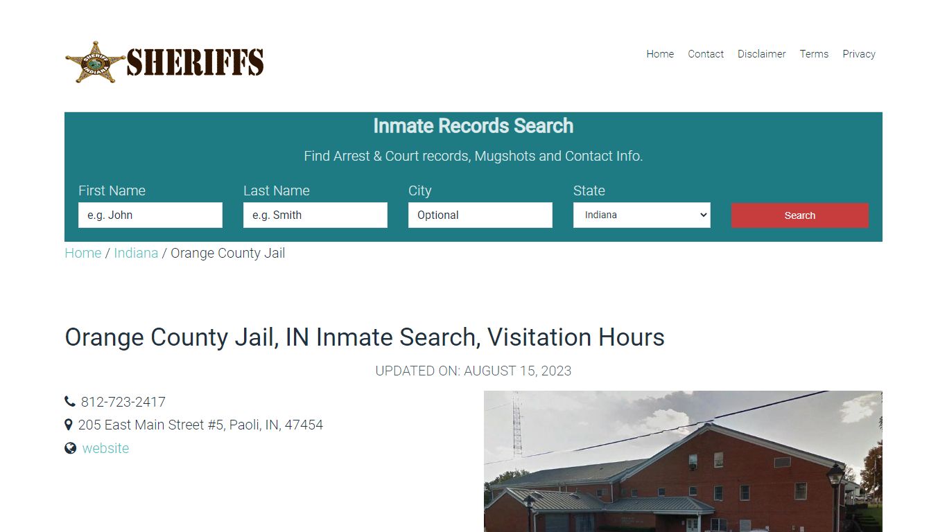 Orange County Jail, IN Inmate Search, Visitation Hours